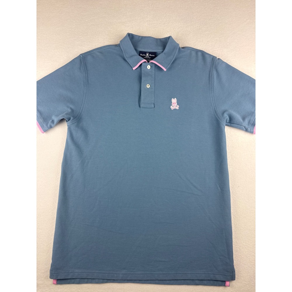 Psycho Bunny Mens Blue Pima Cotton Short Sleeve Polo Shirt Pink Trim Size 6 L